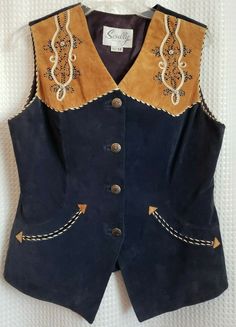 Really nice vest in like new condition, no issues.  Approx measurements: armpit to armpit 20" and in length down the middle of back 21" Suede Vest, Blue And Brown, Vest Dress, The Middle, Really Cool Stuff, Brown Leather, Like New, Leather, Blue