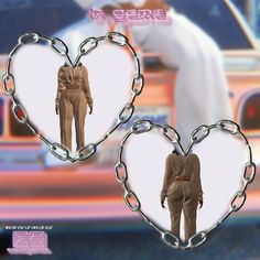 two heart - shaped key chains are attached to an image of a man and woman