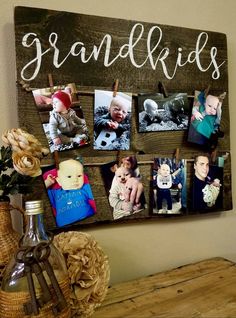 a wooden sign that says grandkids with pictures hanging on the wall next to it