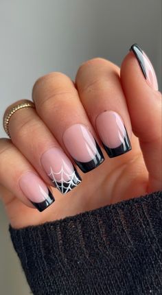 Coffin Nails Halloween Simple, Cute Short Acrylic Nails For Halloween, Square Tip Halloween Nails, Simple Nail Designs For Short Nails Easy, Autumn/halloween Nails, Nail Polish Ideas Natural Nails, Fall/halloween Nails Square, Black French Tip Nails With Spider Web Accent, Nails For Halloween Simple