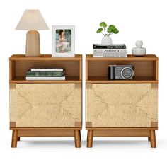 two wooden nightstands with books and pictures on them, one has a lamp next to it