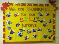 a bulletin board that says we are grateful for our ssl turkeys on it