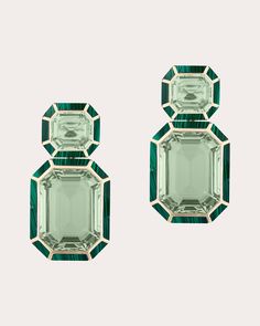 A double drop design, these 18-karat gold earrings feature two orientations of emerald-cut prasiolite stones, each framed with inlaid malachite trim. From Goshwara's Mélange Collection. Butterfly post back closure 18k gold, prasiolite and malachite Carat: 6.27 ctw malachite, 35.67 ctw prasiolite Polish with soft cloth Made in Thailand Measurements Prasiolite post width: 0.37in Prasiolite post length: 0.33in Prasiolite drop width: 0.56in Prasiolite drop length: 0.76in Malachite Earrings, Jeweled Earrings, Drop Design, Pleated Fabric, Art Deco Earrings, Crown Jewels, Drops Design, Jewelry Inspo, Bling Bling