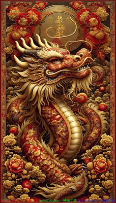 a painting of a dragon with red and gold colors