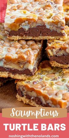 some kind of food that is stacked on top of each other with the words, scrumptious turtle bars