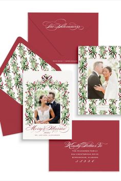 the wedding stationery is shown in red and white with holly wreaths on it