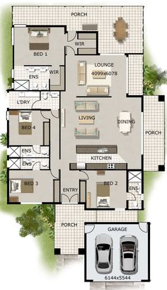 two story house plans with garage and living room in the middle, surrounded by trees