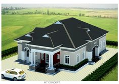 an artist's rendering of a house in the middle of a field with a car parked on the driveway