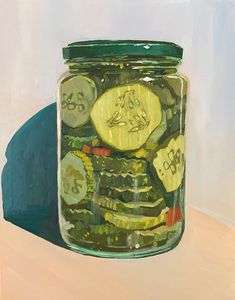 a painting of a jar filled with coins