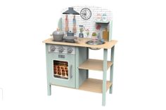 a wooden toy kitchen with an oven and stove