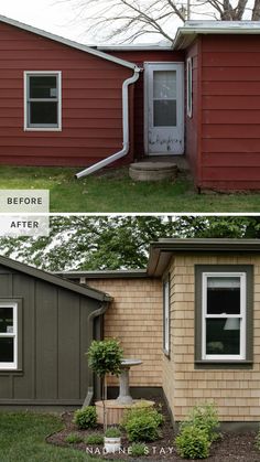 before and after shots of a red house with white trim on the front door, side by side