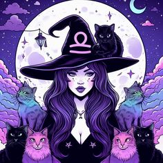 a woman with long hair wearing a witches hat and three cats sitting on her shoulders