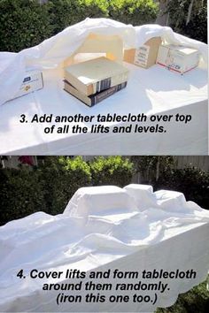 there are two pictures showing how to cover an outdoor table