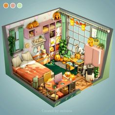 an image of a cartoon bedroom with pumpkins on the windows and furniture in it