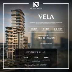 a flyer for a real estate in the middle of an urban area with skyscrapers and buildings