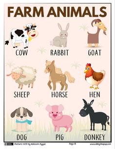 the farm animals poster is shown with their names in english and spanish, as well as pictures