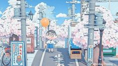 a cartoon character is standing in the middle of an empty street with cherry blossom trees