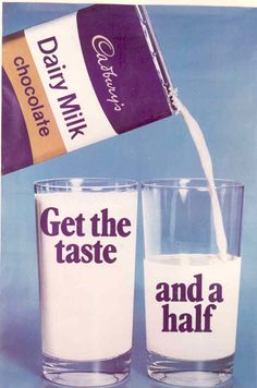 an advertisement for dairy milk being poured into two glasses with the words get the taste and a half