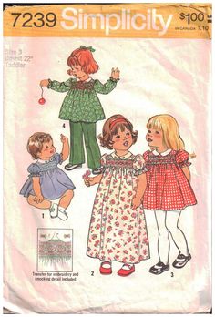 Simplicity 7239 Girl's Dress in two lengths, Pants Size: 2 or 3 or 4 Uncut Sewing Pattern https://pattern-walk.com/product/simplicity-7239-girls-dress-in-two-lengths-pants-size-2-or-3-or-4-uncut-sewing-pattern/ Pattern-Walk Toddler Smock, Girls Smocked Dresses, Girls Smock, Simplicity Sewing, Simplicity Sewing Patterns