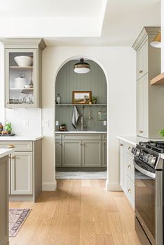 a view from the kitchen looking into the custom pantry which features a arched doorway, green shiplapped walls, green custom cabinets and stainless steel appliances Arched Doorway, Green Kitchen Cabinets, Diy Backsplash, Kitchen Inspiration Design, Pantry Design, Green Kitchen, Kitchen Style, House Inspo, Home Decor Kitchen