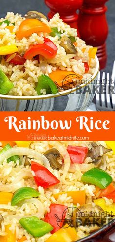 rainbow rice with peppers and onions served in a serving dish on a red platter