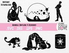 the silhouettes of people and animals are shown in this graphic design kit for svg dxf