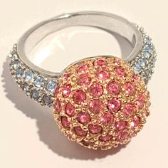 Hot Pink And Baby Blue Cz Encrusted Dome Ring With Rhodium Plating Finish Will Retain Shine For Years Ring Size 7.5 Brand New! Adjustable Crystal Ring With Rhinestones, Adjustable Crystal Rhinestone Ring, Silver Jeweled Promise Ring, Pink Ring With Sparkling Stones, Round Rhinestone Promise Ring Jewelry, Silver Crystal Rings With Jeweled Detail, Silver Jeweled Crystal Rings, Pink Stone Jewelry For Anniversary, Pink Rings With Accent Stones For Party