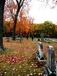 a cemetery in the fall with fallen leaves on the ground and tombstones surrounded by trees