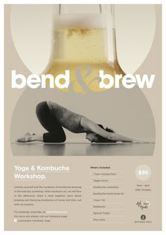 a flyer for a yoga and kombucha workshop with a woman doing the splits