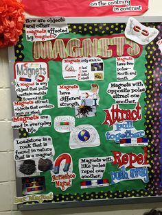 a bulletin board with many different things on it and some decorations hanging from the wall