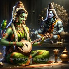 lord rama playing the sita with his green bird on his shoulder and sitting next to him