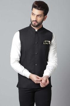 Fitted Vest With Stand Collar For Spring, Sleeveless Formal Outerwear For Winter, Formal Sleeveless Winter Outerwear, Sleeveless Formal Winter Outerwear, Fitted Nehru Jacket For Fall Party, Formal Sleeveless Cotton Outerwear, Black Sleeveless Cotton Outerwear, Fitted Nehru Jacket For Party In Winter, Black Nehru Jacket For Fall Workwear