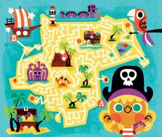 an illustrated map with pirate symbols and other things to see in the area around it