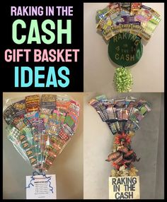 three different pictures with the words making in the cash gift basket ideas on them and below