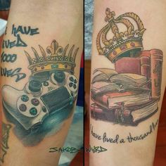 two tattoos that have different designs on their arms, one has a video game controller and the other has a crown