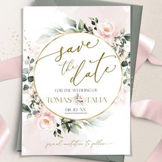 save the date card with pink flowers and greenery