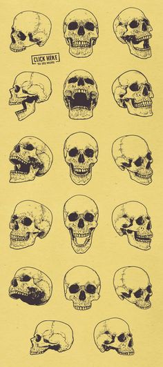 a bunch of skulls are shown in black and yellow ink on a piece of paper