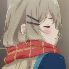 an anime character with long hair wearing a scarf and eyeliners on her face