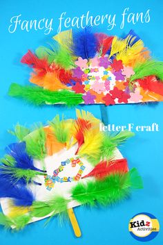 two colorful fan shaped crafts with the words fancy feathery fans on top and below