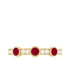 Product Details Elevate your style with this Minimal Semi Eternity Ring. A fusion of vibrant Red Ruby and shimmering Diamond, simplicity meets sophistication. Product Information SKU SHP-RINGS032225264 Weight 1.84 gm (Approximate) RUBY INFORMATION No.of Stones 3 Pieces Total Weight 0.39 Carat (Approximate) Dimension(approx) Round-3X3 mm-3 Pcs Color Red Cut Brilliant Shape Round Setting Type Bezel Setting Quality Grade AAA DIAMOND INFORMATION No.of Stones 8 Pieces Total Weight 0.20 Carat (Approxi 18k Yellow Gold Ring, Red Ruby, Elevate Your Style, Bezel Setting, Yellow Gold Rings, Vibrant Red, Eternity Ring, Gold Rings, Ruby