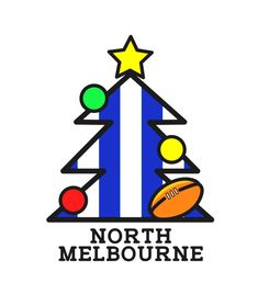 the north melbourne football club logo is shown in blue and white with a christmas tree