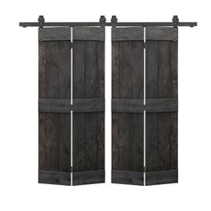 two wooden doors with metal bars on each side