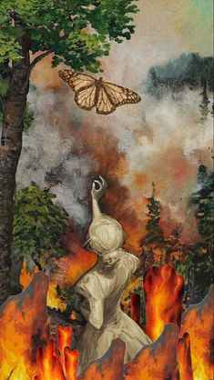 a painting of a woman standing in front of fire with a butterfly flying over her head