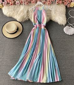 A line off shoulder dress multi-color dressFabric: blendedColor: multi-colorSize(cm): free sizelength 127 bust 96-100 Long Spaghetti Strap Dress, Rainbow Fashion, Makeup Table, Tops Blouse, Multicolor Dress, Color Dress, 2019 Fashion, Draped Dress, Butterfly Art