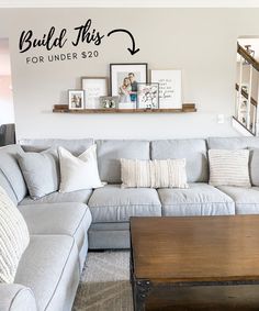 a living room with couches and pictures on the wall above them that says build this for under $ 30