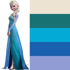 an image of a frozen princess with long hair and blue dress in color swatches