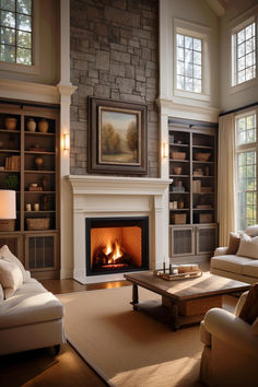 30 Chic Fireplace with Built Ins on Each Side Ideas to Add Style to Your Home Great Rooms With Vaulted Ceilings Stone Fireplaces, Victorian Style Fireplace Ideas, Double Story Fireplace Wall, Bookshelves On Each Side Of Fireplace, Beamed Living Room, Fireplace With Raised Hearth And Mantle, 2 Story Stone Fireplace Ideas, Bookcase Fireplace Wall Built Ins, Built Ins Around Fireplace With Windows