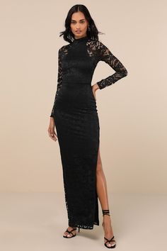 Everyone will be enticed by the luxurious vibe you'll bring in the Lulus Extravagant Energy Black Lace Backless Long Sleeve Maxi Dress! Sheer lace (atop a matching knit liner) shapes this sultry dress that features a chic mock neckline and long sleeves. The fitted waist tops a flattering column skirt that cascades down to an elegant maxi hem. Two button-loop closures secure above an flirty open-back cutout to complete the look. Fit: This garment fits true to size. Length: Floor length. Size medi Sultry Dress, Maxi Dress Backless, Backless Lace Dress, Backless Long Sleeve, Column Skirt, Dress Backless, Sleeve Maxi Dress, Mock Neckline, Long Sleeve Maxi