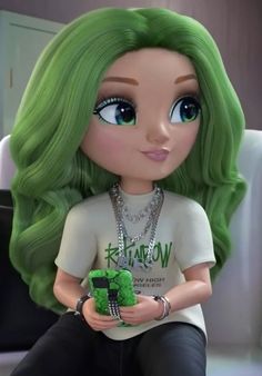 a doll with green hair sitting on a couch holding a cell phone in her hand