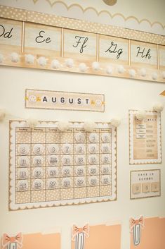 a wall with calendars and numbers on it